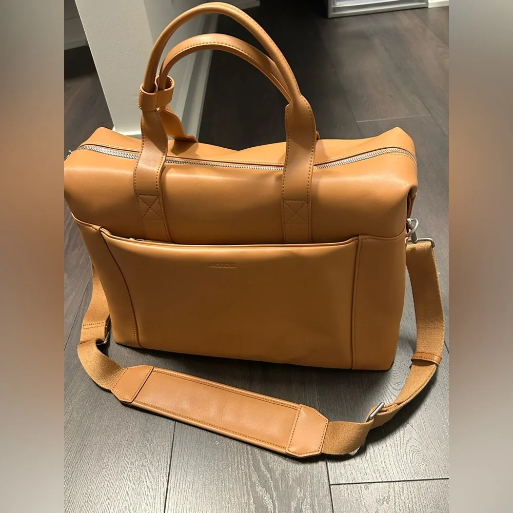 Elegant Tan Vegan Leather Laptop Tech and Travel Metro Duffle Bag